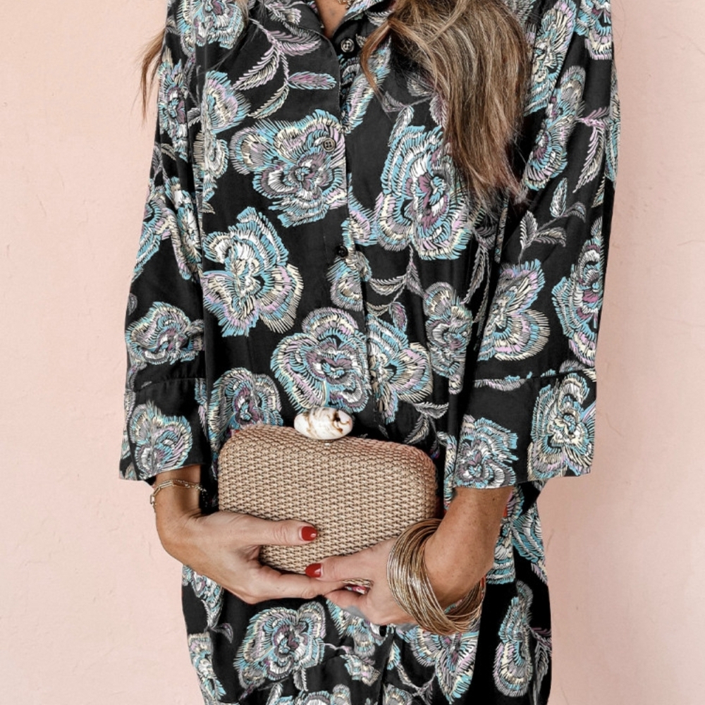 Floral Black Tunic with Woven Clutch